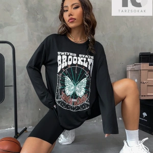 Mektup ve Kelebek Desenli Damla Omuz Tişört