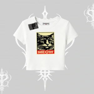 Meow Yazılı Kedi Portre Baskılı Babby Tee Tshirt
