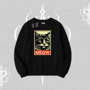 Meow Yazılı Kedi Portre Baskılı Biskilet Sweatshirt