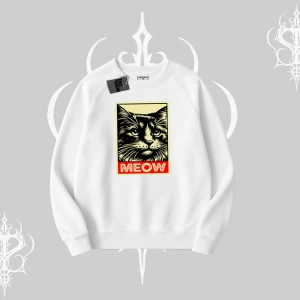 Meow Yazılı Kedi Portre Baskılı Biskilet Sweatshirt