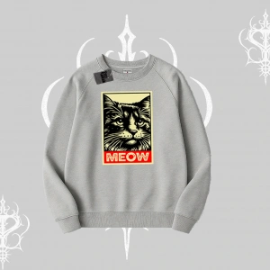 Meow Yazılı Kedi Portre Baskılı Biskilet Sweatshirt