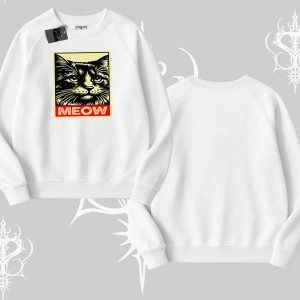 Meow Yazılı Kedi Portre Baskılı Biskilet Sweatshirt