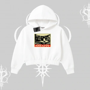 Meow Yazılı Kedi Portre Baskılı Kapşonlu Crop Sweatshirt
