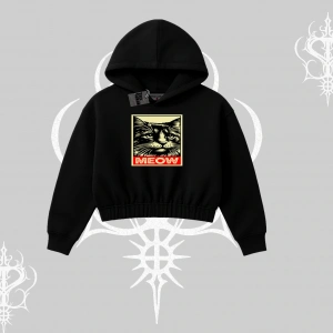 Meow Yazılı Kedi Portre Baskılı Kapşonlu Crop Sweatshirt
