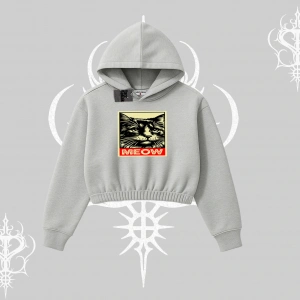 Meow Yazılı Kedi Portre Baskılı Kapşonlu Crop Sweatshirt