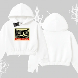 Meow Yazılı Kedi Portre Baskılı Kapşonlu Crop Sweatshirt
