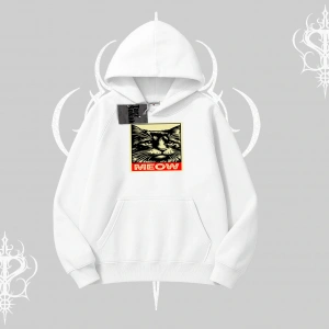 Meow Yazılı Kedi Portre Baskılı Kapşonlu Sweatshirt