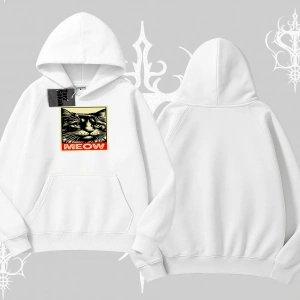 Meow Yazılı Kedi Portre Baskılı Kapşonlu Sweatshirt