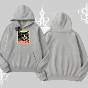 Meow Yazılı Kedi Portre Baskılı Kapşonlu Sweatshirt