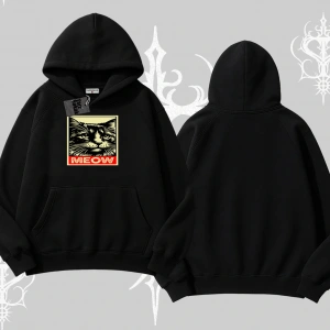 Meow Yazılı Kedi Portre Baskılı Kapşonlu Sweatshirt