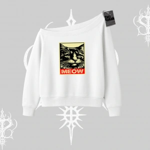 Meow Yazılı Kedi Portre Baskılı Kayık Yaka Sweatshirt