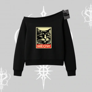 Meow Yazılı Kedi Portre Baskılı Kayık Yaka Sweatshirt