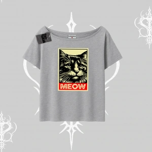 Meow Yazılı Kedi Portre Baskılı Kayık Yaka Tshirt