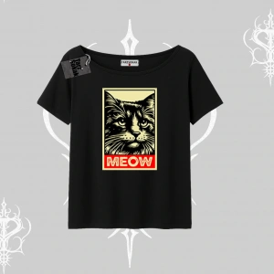 Meow Yazılı Kedi Portre Baskılı Kayık Yaka Tshirt