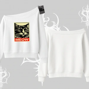 Meow Yazılı Kedi Portre Baskılı Kolsuz Tshirt