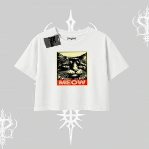 Meow Yazılı Kedi Portre Baskılı Oversize Crop Tshirt