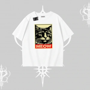 Meow Yazılı Kedi Portre Baskılı Oversize Tshirt