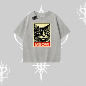 Meow Yazılı Kedi Portre Baskılı Oversize Tshirt