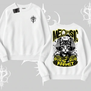 Meowsic Purrfect Kedi Arka Baskılı Biskilet Sweatshirt