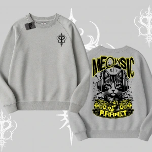Meowsic Purrfect Kedi Arka Baskılı Biskilet Sweatshirt