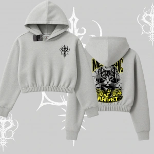 Meowsic Purrfect Kedi Arka Baskılı Kapşonlu Crop Sweatshirt
