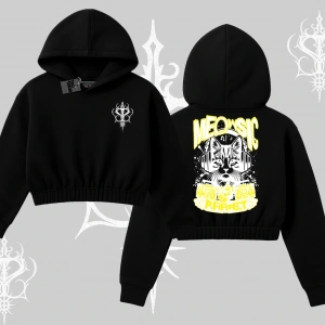 Meowsic Purrfect Kedi Arka Baskılı Kapşonlu Crop Sweatshirt