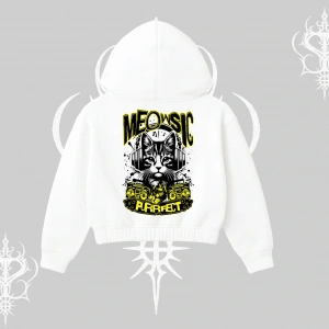 Meowsic Purrfect Kedi Arka Baskılı Kapşonlu Crop Sweatshirt