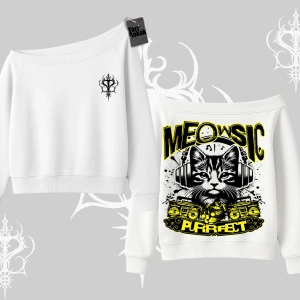 Meowsic Purrfect Kedi Arka Baskılı Kayık Yaka Sweatshirt