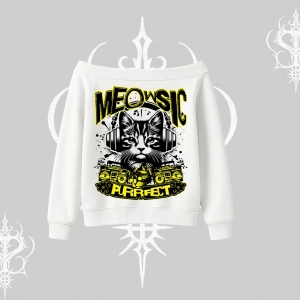Meowsic Purrfect Kedi Arka Baskılı Kayık Yaka Sweatshirt