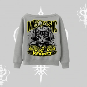 Meowsic Purrfect Kedi Arka Baskılı Kayık Yaka Sweatshirt