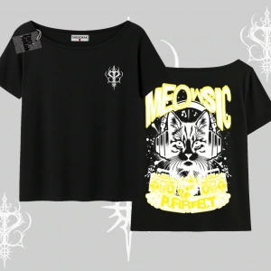 Meowsic Purrfect Kedi Arka Baskılı Kayık Yaka Tshirt