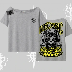 Meowsic Purrfect Kedi Arka Baskılı Kayık Yaka Tshirt