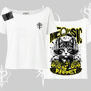 Meowsic Purrfect Kedi Arka Baskılı Kayık Yaka Tshirt