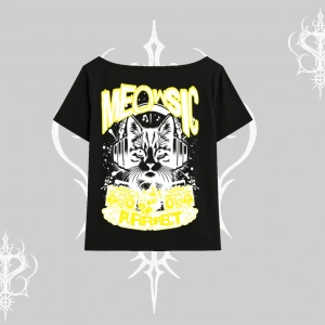 Meowsic Purrfect Kedi Arka Baskılı Kayık Yaka Tshirt