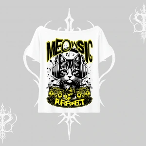 Meowsic Purrfect Kedi Arka Baskılı Kayık Yaka Tshirt