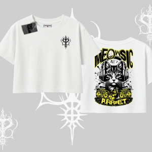 Meowsic Purrfect Kedi Arka Baskılı Oversize Crop Tshirt