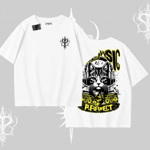 Meowsic Purrfect Kedi Arka Baskılı Oversize Tshirt