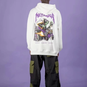 Metallica Mor Sırt Baskılı Beyaz Oversize Kapüşonlu