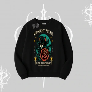 Midnight Petals Kedi Baskılı Biskilet Sweatshirt