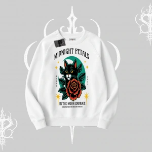 Midnight Petals Kedi Baskılı Biskilet Sweatshirt