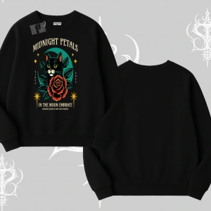 Midnight Petals Kedi Baskılı Biskilet Sweatshirt