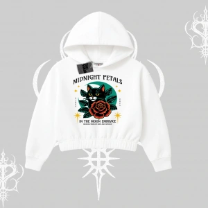 Midnight Petals Kedi Baskılı Kapşonlu Crop Sweatshirt