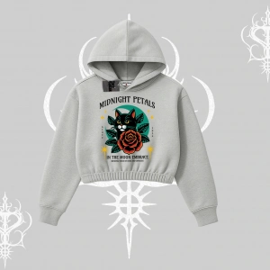 Midnight Petals Kedi Baskılı Kapşonlu Crop Sweatshirt