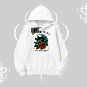 Midnight Petals Kedi Baskılı Kapşonlu Sweatshirt
