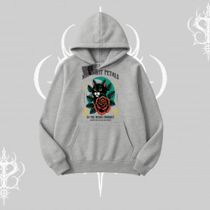 Midnight Petals Kedi Baskılı Kapşonlu Sweatshirt