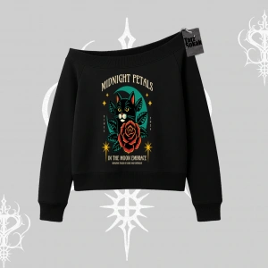 Midnight Petals Kedi Baskılı Kayık Yaka Sweatshirt