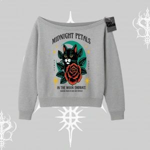 Midnight Petals Kedi Baskılı Kayık Yaka Sweatshirt