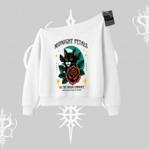 Midnight Petals Kedi Baskılı Kayık Yaka Sweatshirt