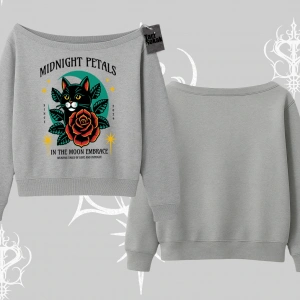 Midnight Petals Kedi Baskılı Kayık Yaka Sweatshirt