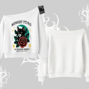 Midnight Petals Kedi Baskılı Kayık Yaka Sweatshirt